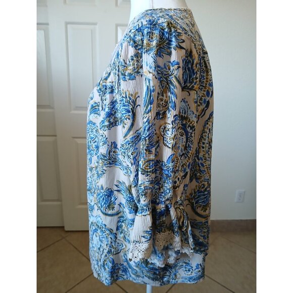 Democracy Womens Blouse Flared Sleeve Blue Paisley  Bohemian Top 1X  Peasant - Picture 5 of 16